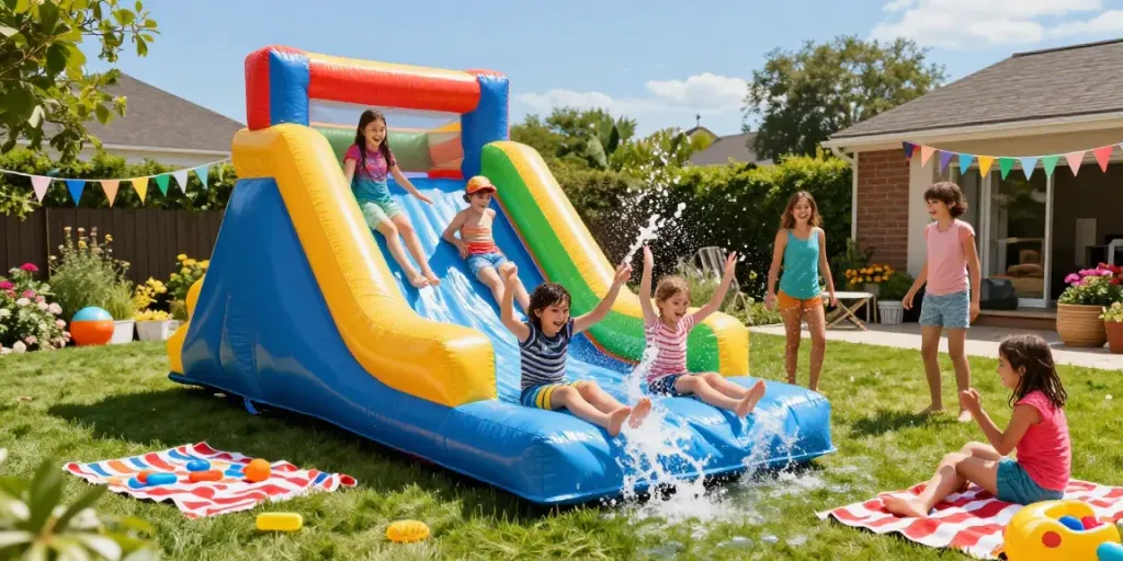 Children having fun on a colorful inflatable water slide in a vibrant backyard filled with summer vibes and laughter.