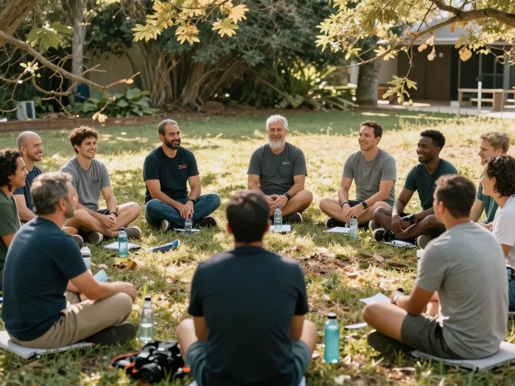 Men engaging in an open discussion at a manclub wellness retreat.