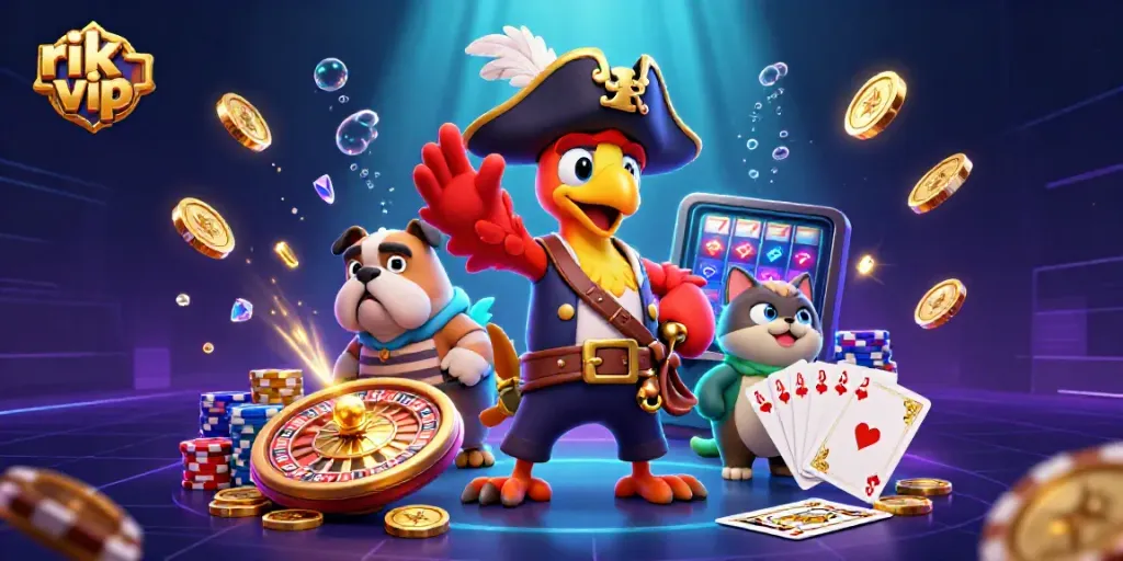Engage in exciting gameplay with rik vip, where golden coins rain down amid dynamic casino elements and vibrant characters.