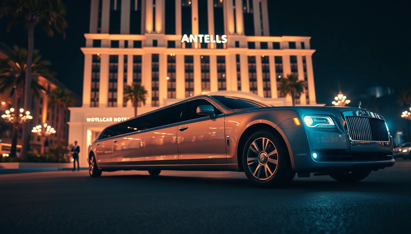 Elegant Hollywood Town Car and Limousine parked outside a luxury hotel in Los Angeles.