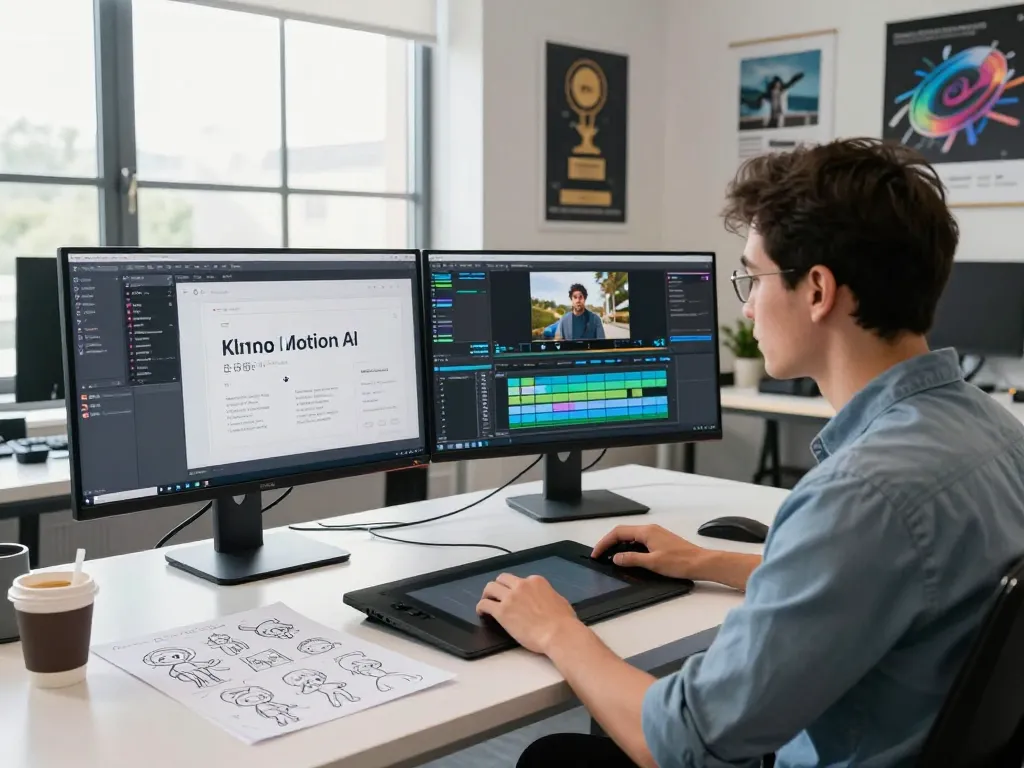 Developer using Kling motion ai in a modern tech workspace with dual screens, coffee, and character designs.