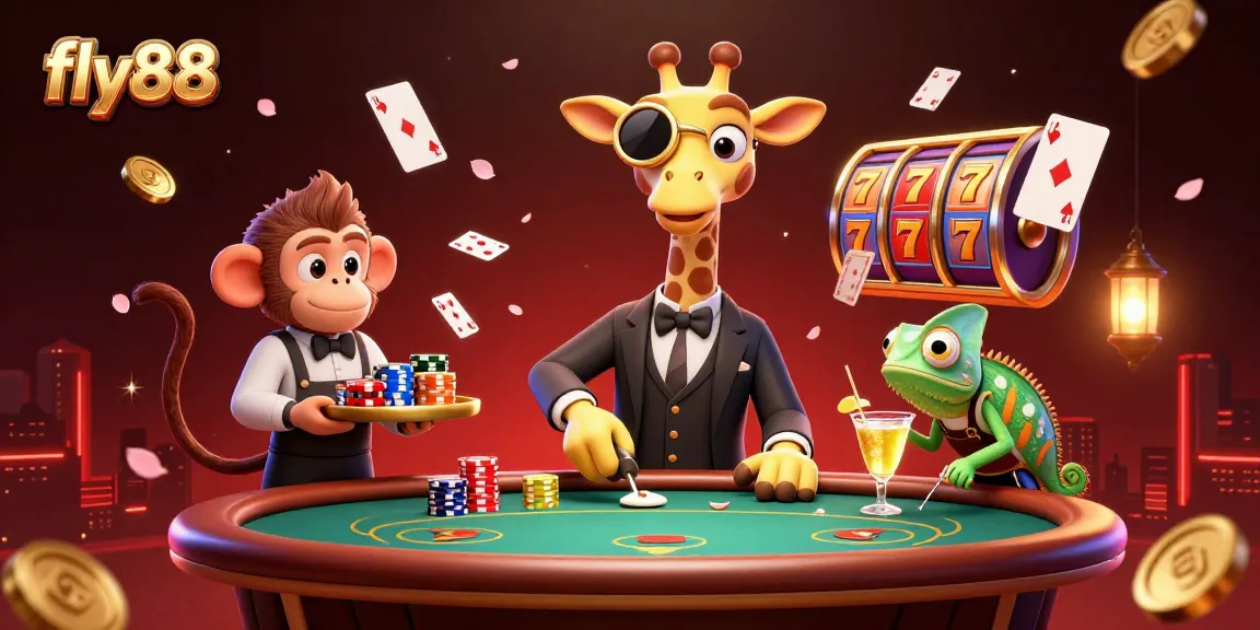 Join the thrilling action at fly88 with a vibrant casino illustration featuring a high-roller giraffe and exciting slot games