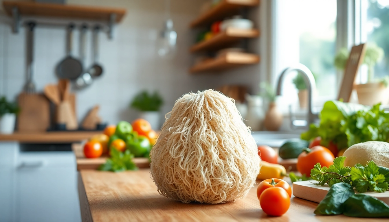 Using a kitchen loofah on a wooden surface surrounded by fresh vegetables and utensils.