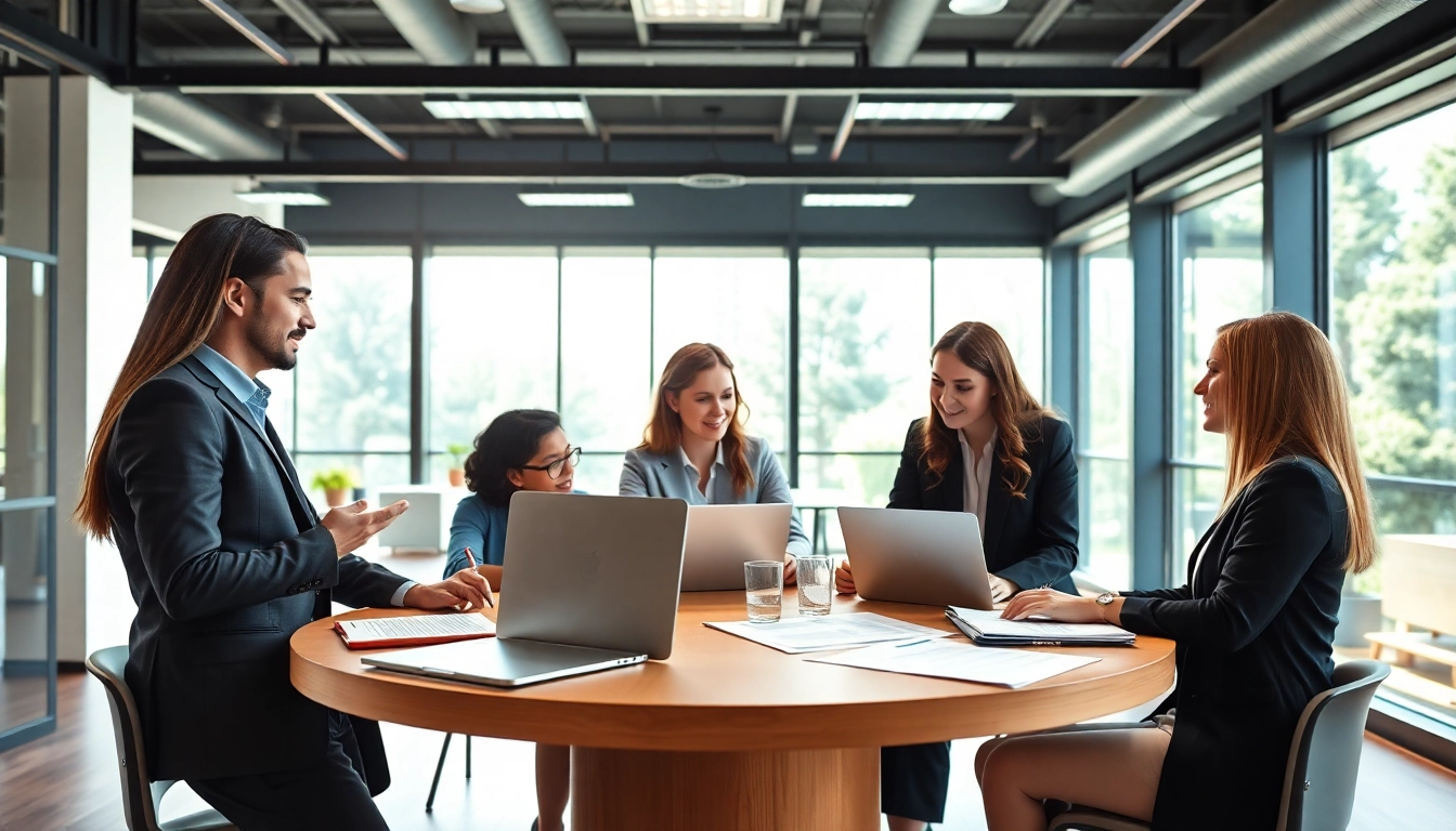 Dynamic collaboration among Quickplus Business Consultants in a modern office setting