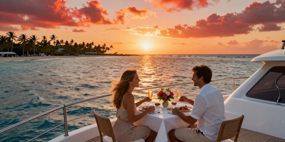 Private yacht charter in Punta Cana at sunset featuring a romantic dinner setup on deck, showcasing a luxurious experience.