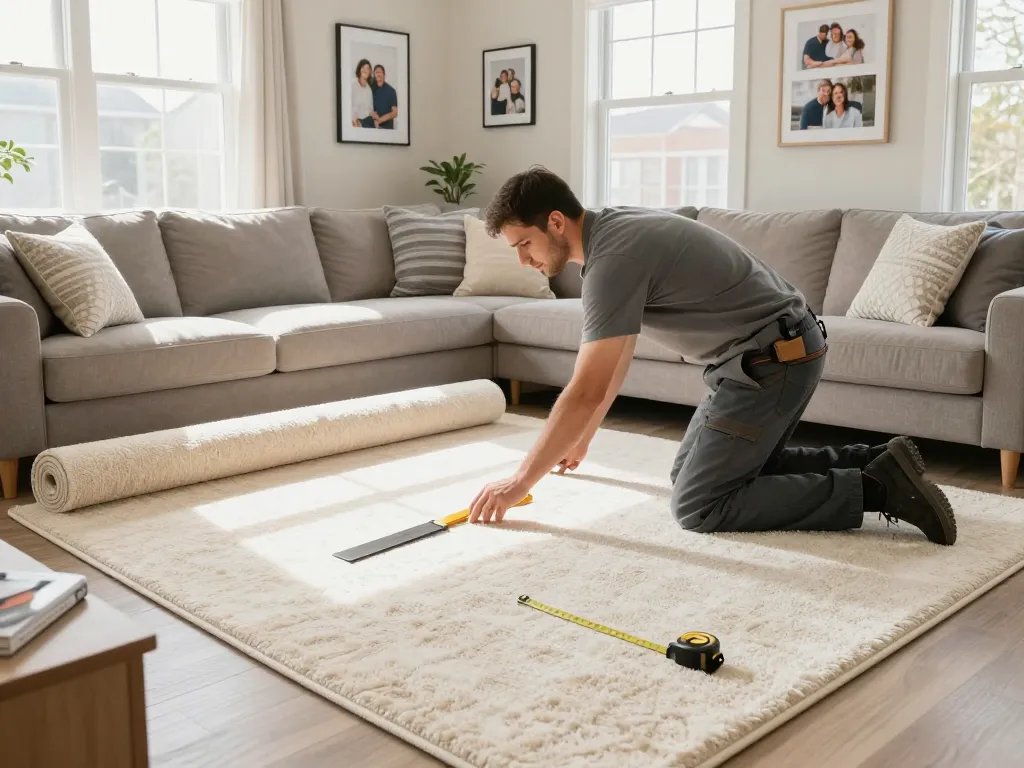 Residential carpet installation in a cozy living room with a professional installer laying down soft carpet.
