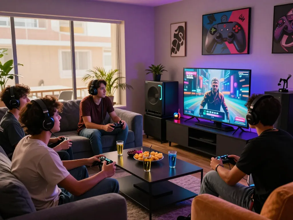 Friends enjoying a competitive gaming session on sun win platform with snacks and vibrant LED lighting.