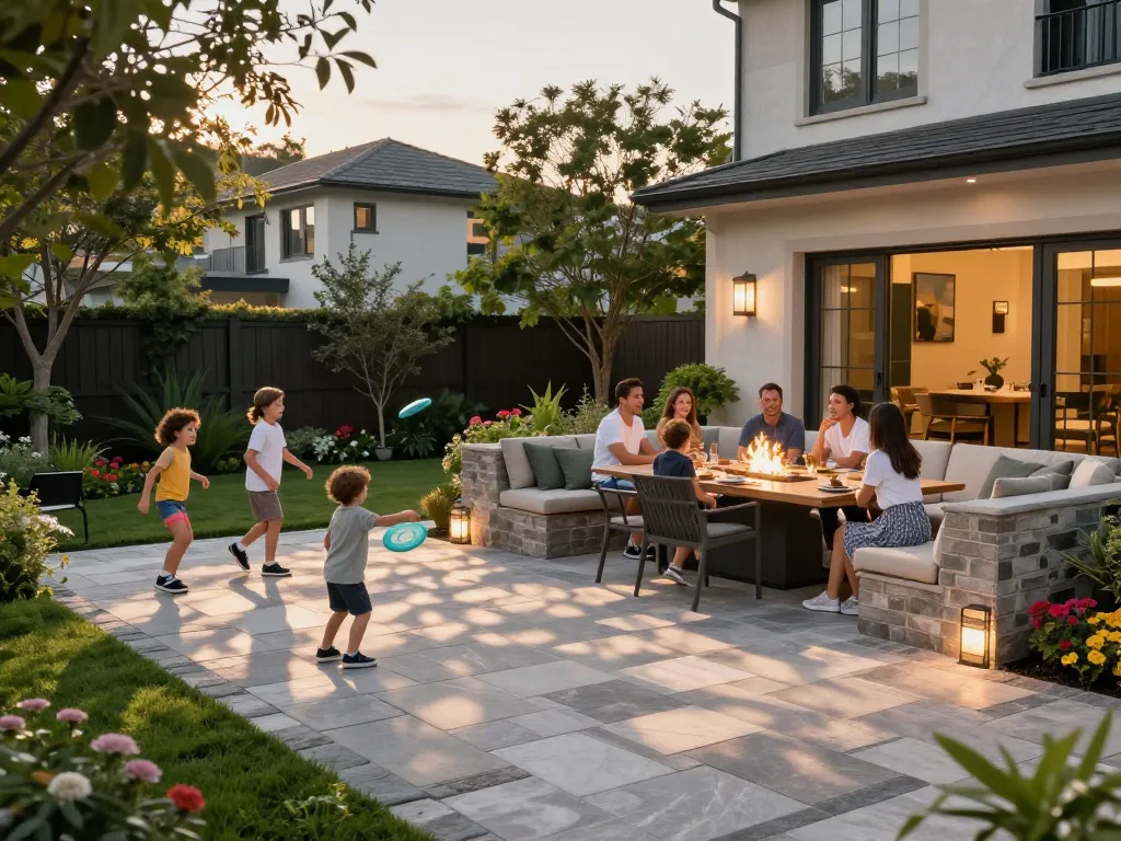 Paver patio near me showing family enjoying an elegant outdoor space with dining area and fire pit.