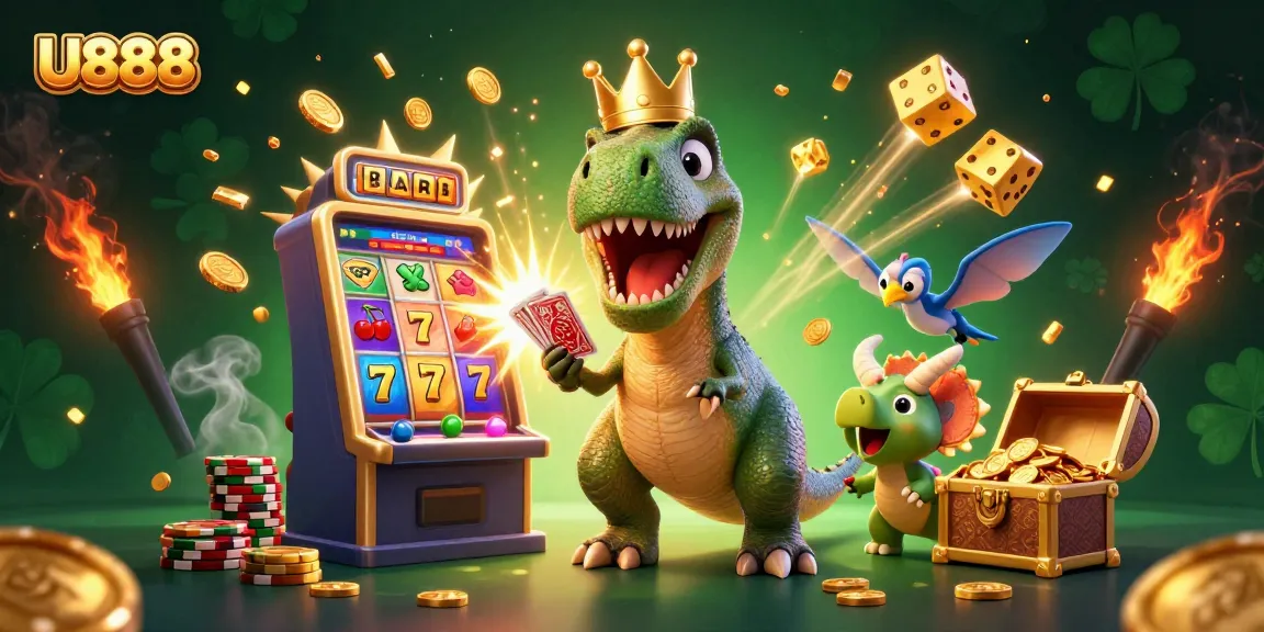 U888 offers thrilling casino action with a dynamic scene featuring playful dinosaurs amid jackpots