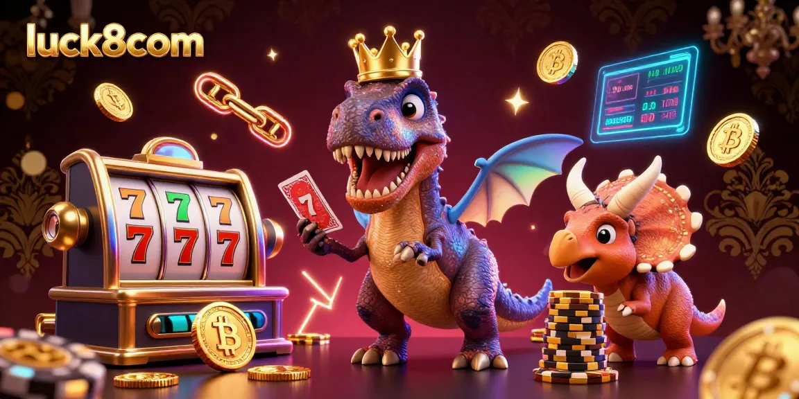 Join the fun at luck8com with a T-Rex playing cards and a triceratops stacking golden chips in this vibrant casino illustration.