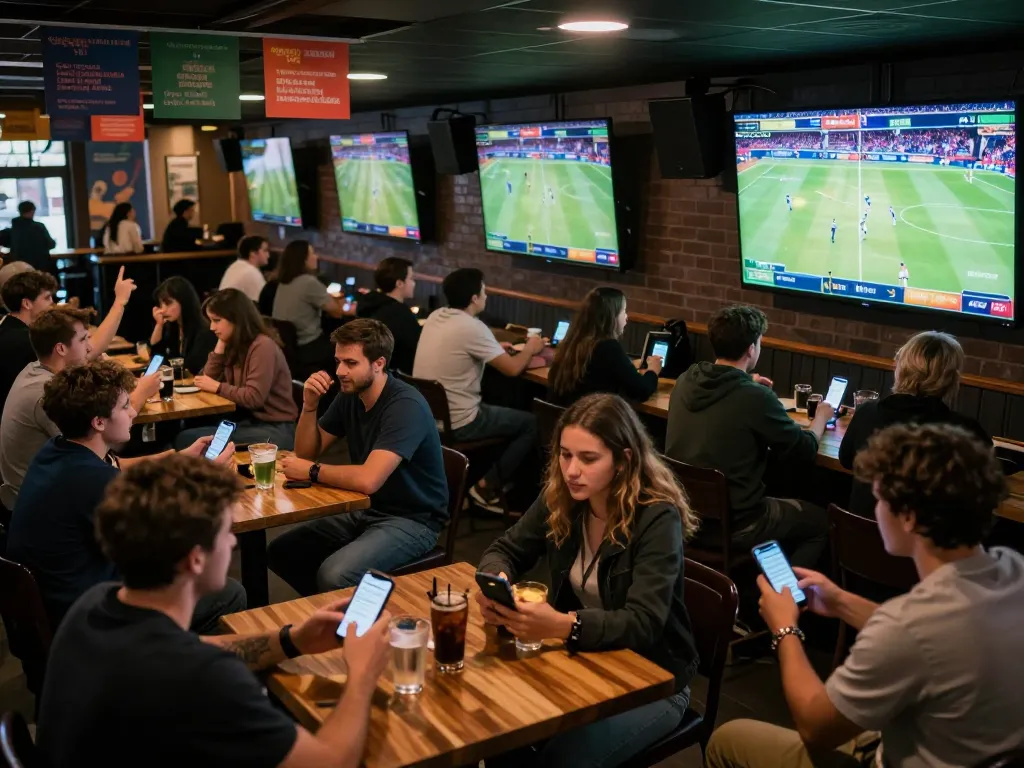 Engaging live sports betting at https://go8.onl/ with excited patrons cheering and checking bets.