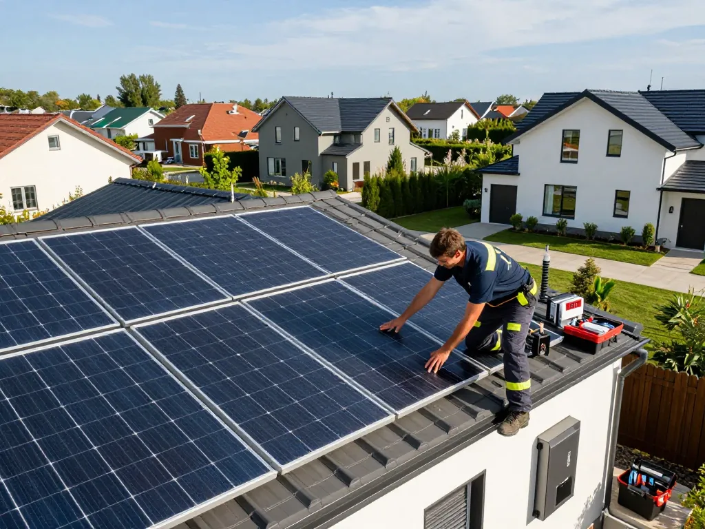 Installation of advanced technology TOPCon en fotovoltaica solar panels on a modern rooftop by a skilled technician.