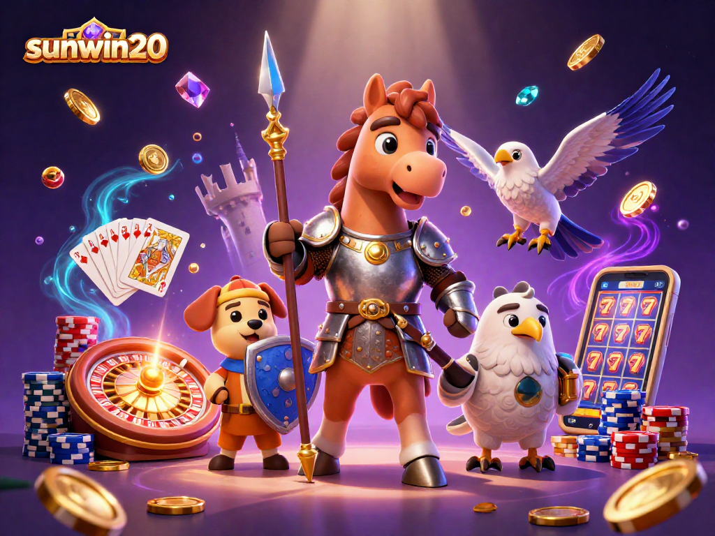 Join the excitement of sunwin20 with medieval characters amid cascading coins and vibrant casino elements.