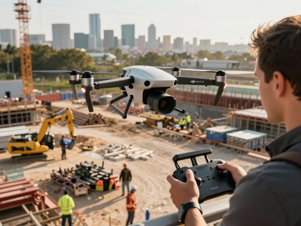 DJI Matrice drone operated on a construction site highlighting advanced features and urban development.