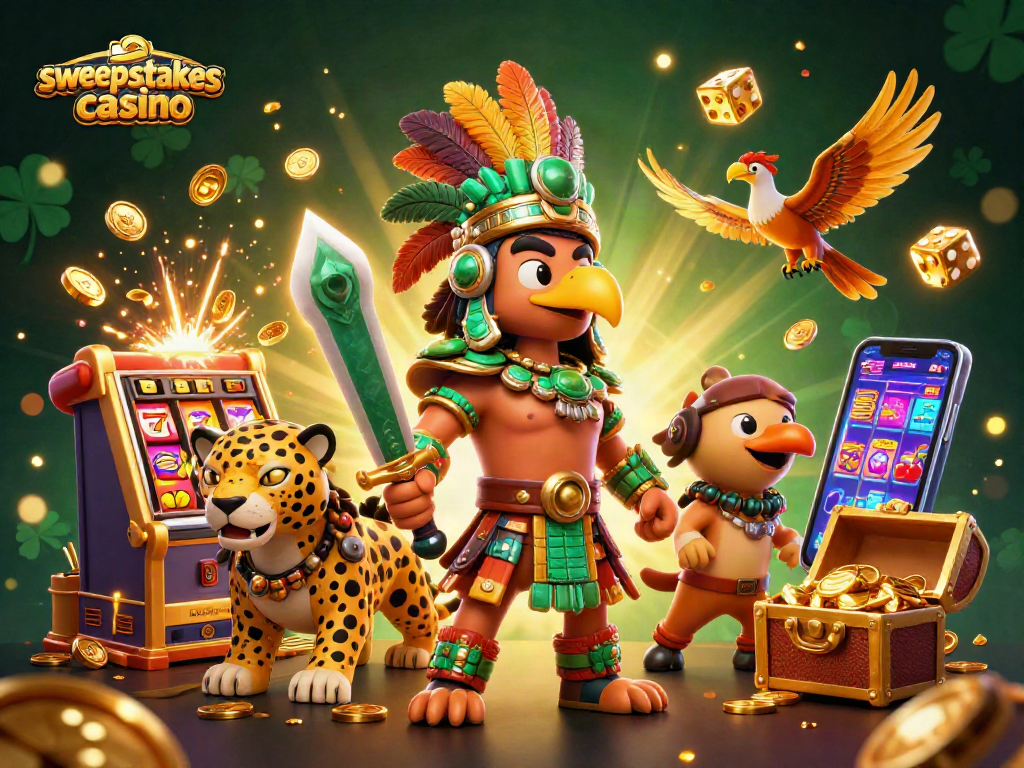 Experience excitement at sweepstakes casino with vibrant slot machines and dynamic gaming elements.