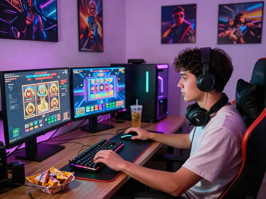 Engaging gamer enjoying situs slot experience at home with colorful displays.