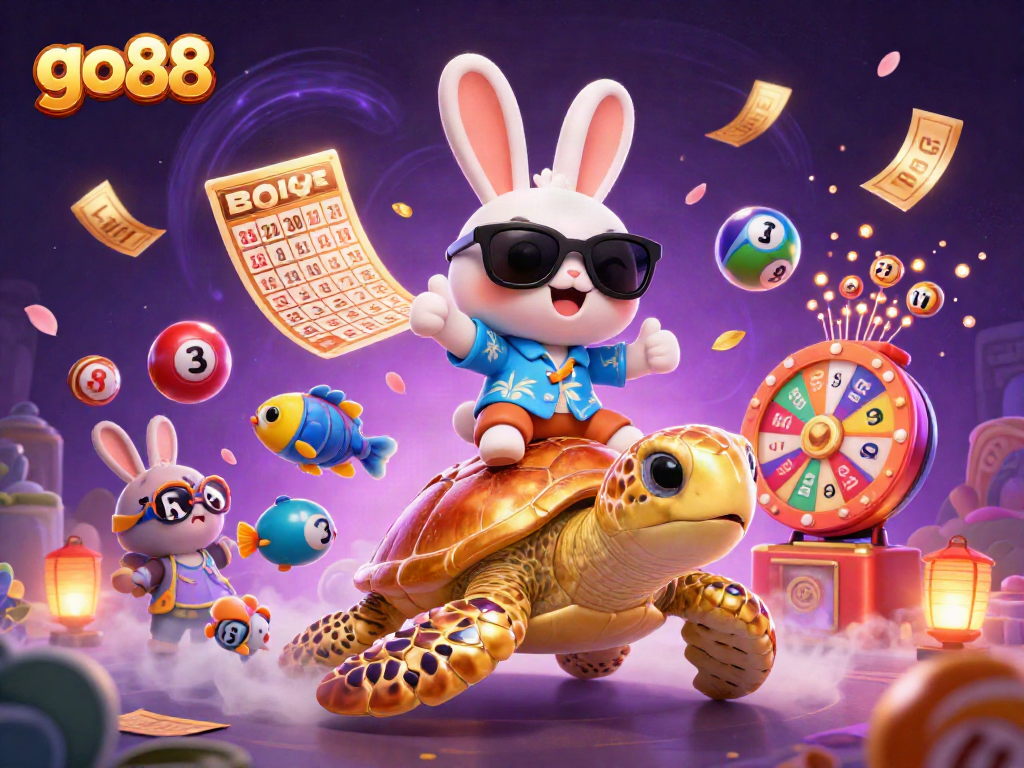 Experience the thrill of go88 with a vibrant 3D illustration featuring lucky characters and casino elements.