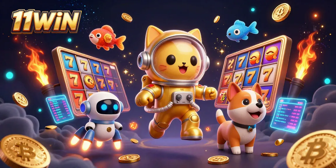 Engage with 11WIN's thrilling slots, featuring a space astronaut cat and vibrant casino elements.