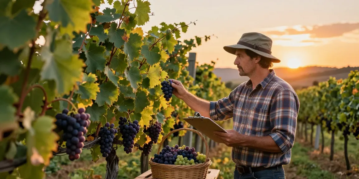 Dave inspecting grape vines in a sunlit vineyard at golden hour.