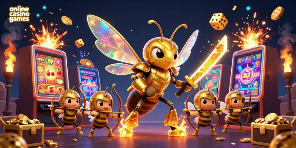 Experience thrilling online casino games with a giant hornet in samurai armor amidst dynamic jackpot explosions and colorful elements.