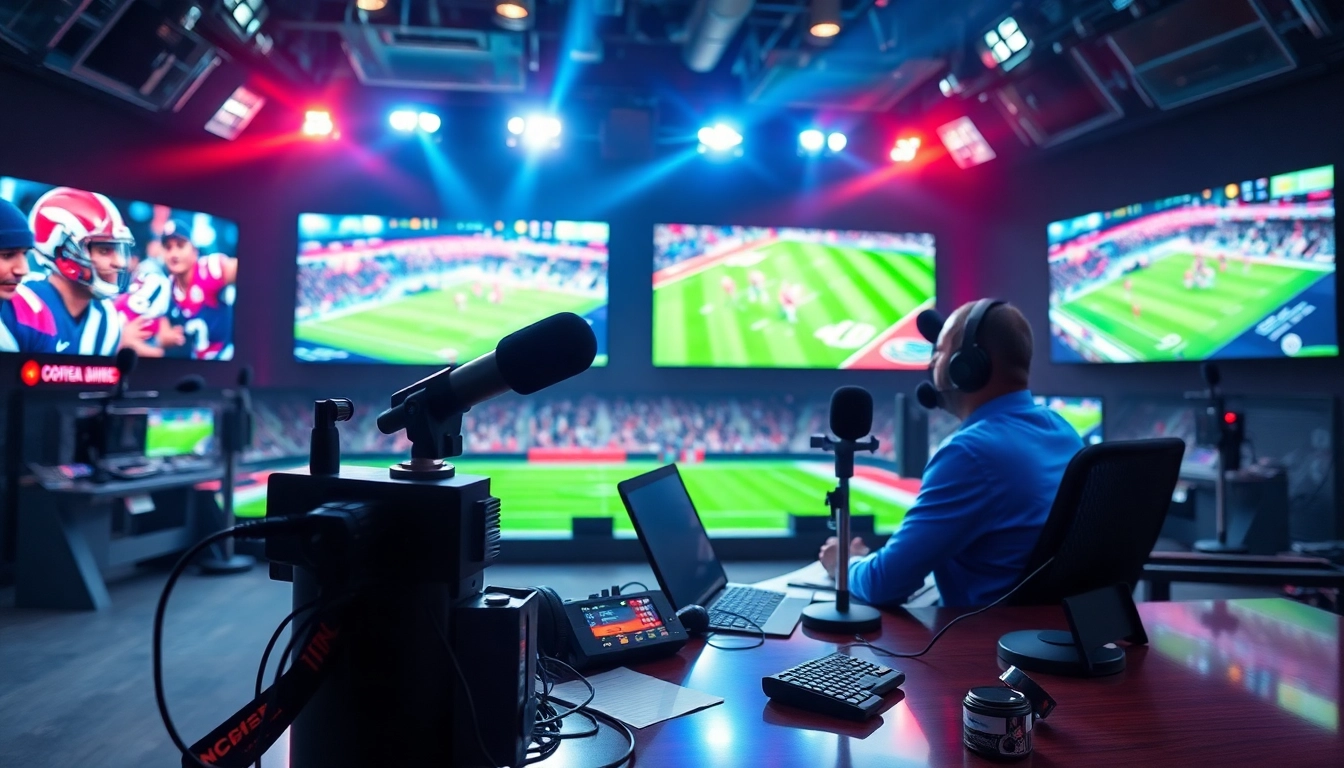 Engaging action in sports broadcasting studio, showcasing announcer and tech details.