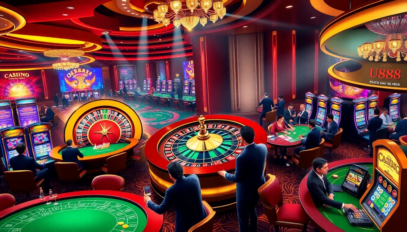 Thrilling U 888 casino scene with roulette, blackjack, and slot machines.