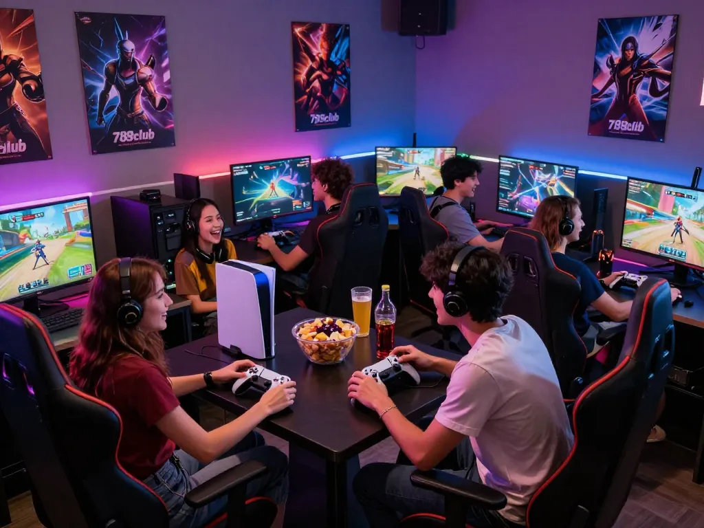 Group enjoying gaming session at 789club with colorful atmosphere and consoles