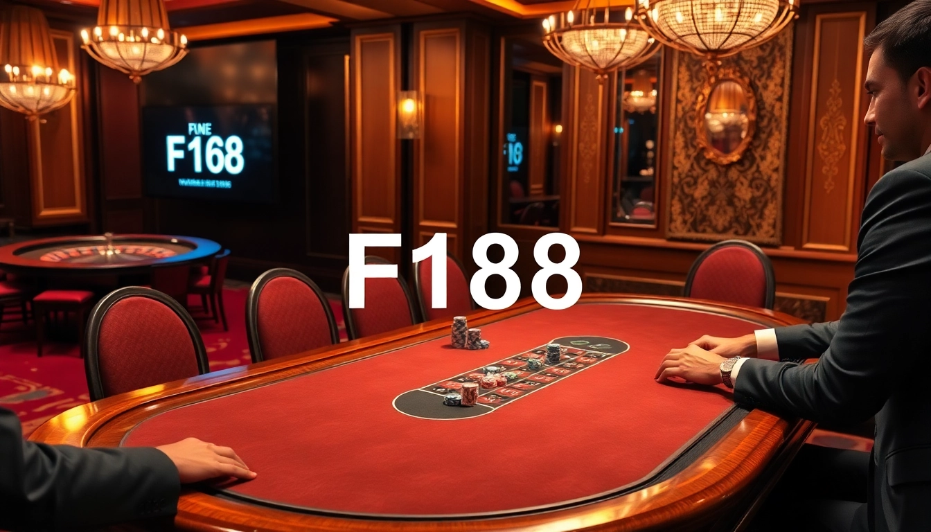 F168 players strategize at a luxurious poker table in an upscale casino setting.
