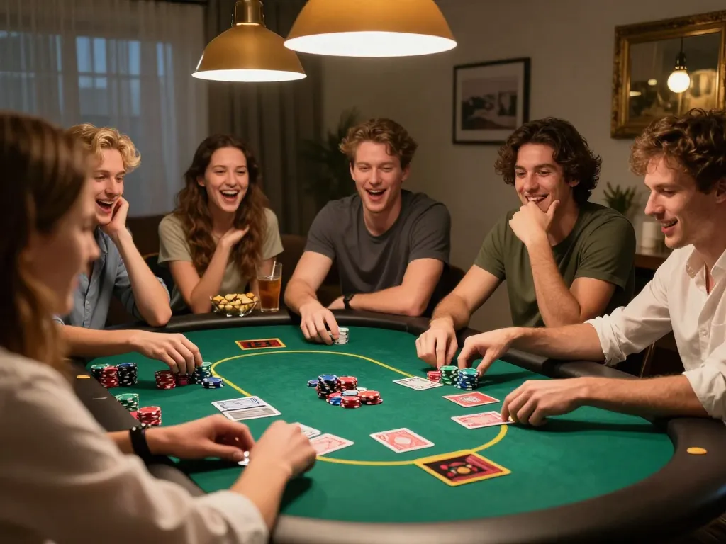 FC88 players enjoying a friendly poker game night, vibrant chips and cards in action.