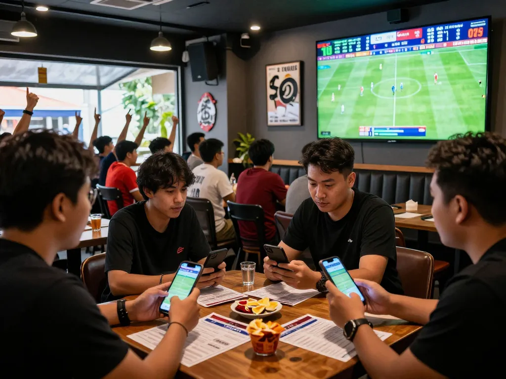 Tỷ lệ kèo nhà cái displayed in a lively sports bar during a football match.