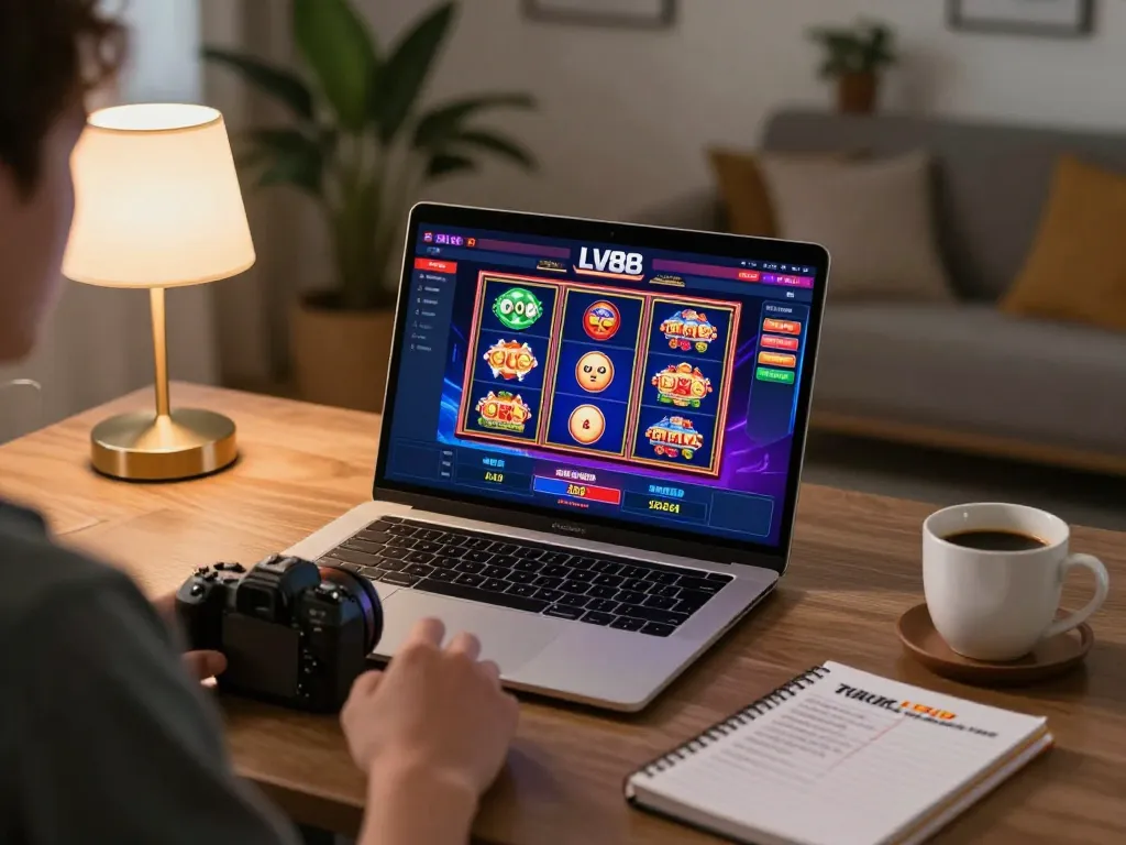 Engaged player betting on LV88 online casino while studying strategy notes in a cozy setting.