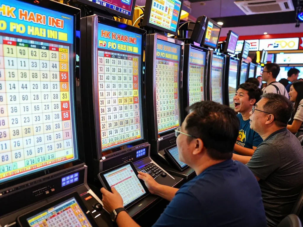 Pemain yang bersemangat di lokasi Togel memeriksa hasil HK Hari Ini dengan tablet.