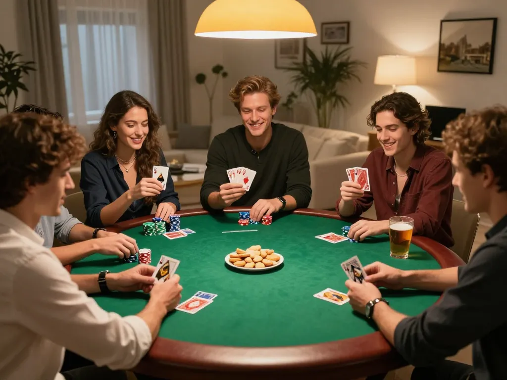 Friends enjoying a poker night, analyzing soi keo nha cai strategies around a lively table with drinks and snacks