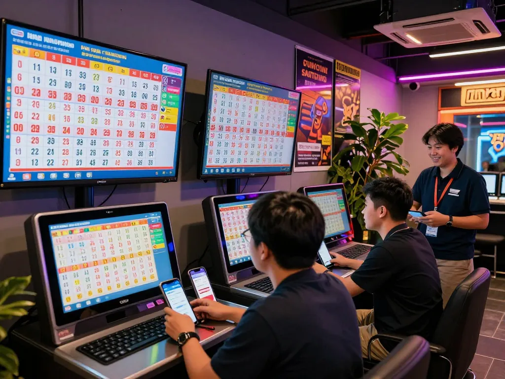 Pemain memeriksa angka lotere HK Hari Ini di sebuah aula yang ramai dengan lampu neon dan tampilan digital.