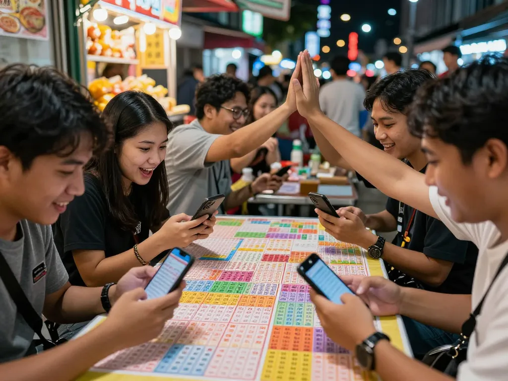 Sahabat memeriksa hasil undian lotere HK Hari Ini dengan antusias di pemandangan kota yang ramai.