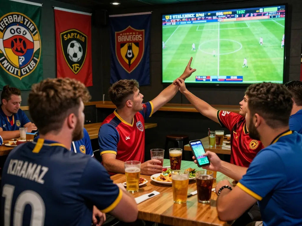 Exciting Judi Bola football betting atmosphere in a sports bar with friends cheering and placing bets
