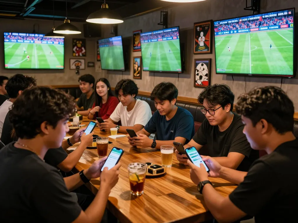 Suasana menarik dari taruhan Judi Bola di bar olahraga yang hidup bersama teman-teman dan layar