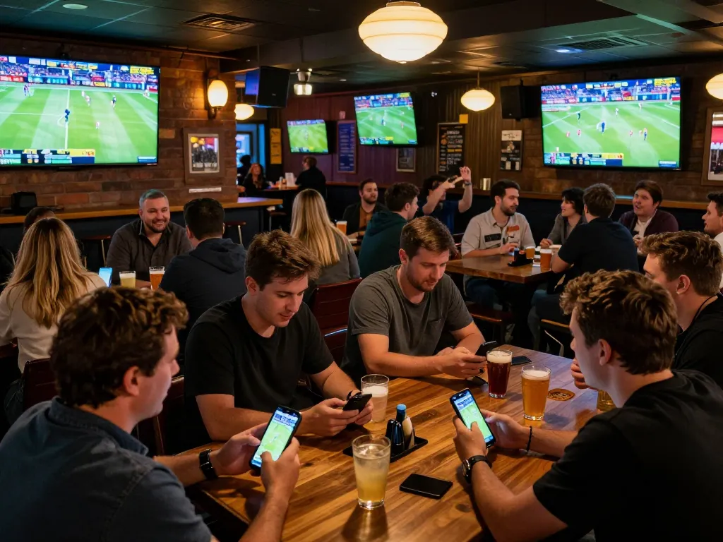 Tỷ lệ kèo nhà cái 5 highlighted as sports fans bet enthusiastically in a vibrant bar setting