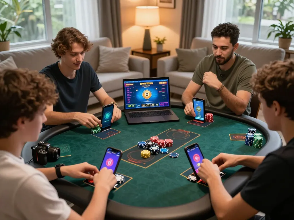 Exciting gaming atmosphere with players using teen patti star apk on smartphones in a cozy living room.
