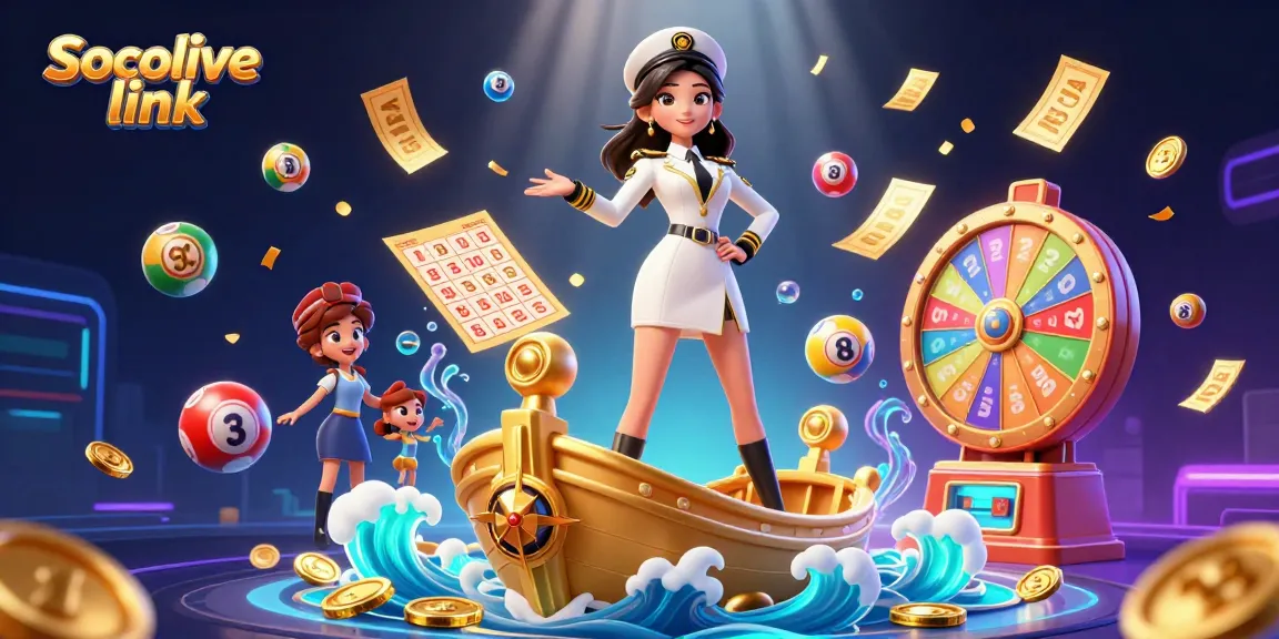 Socolive link showcases an Asian woman on a golden ship amidst bursting colorful lottery elements, celebrating winning moments.