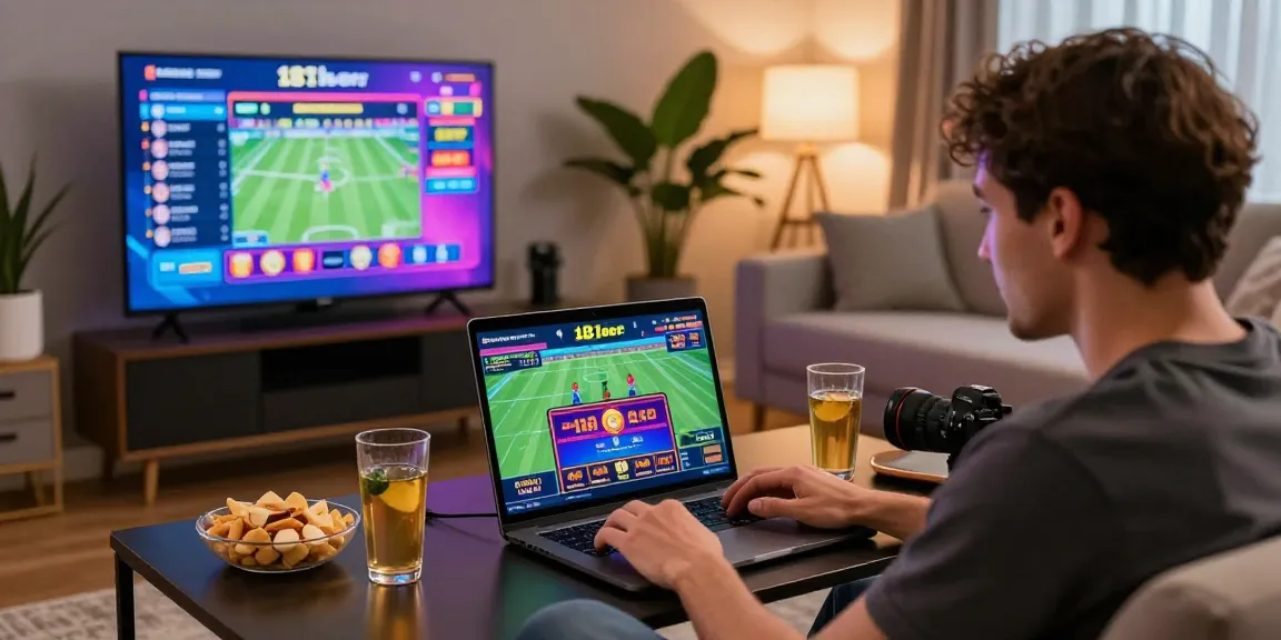 Player enjoying online betting at 181bet in a vibrant home setting with colorful screens.