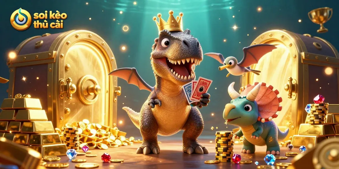 Engaging scene of soi kèo nhà cái featuring a cartoon T-Rex shuffling cards with help from a pterodactyl.