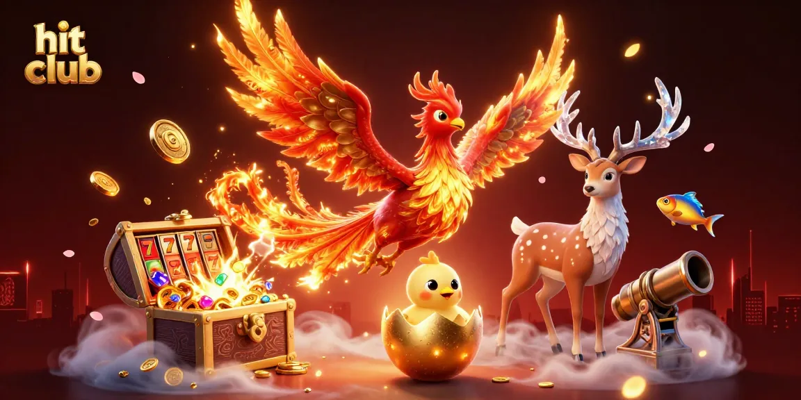 Engage in thrilling gameplay at hit club with a phoenix and treasures amidst a dynamic casino scene.