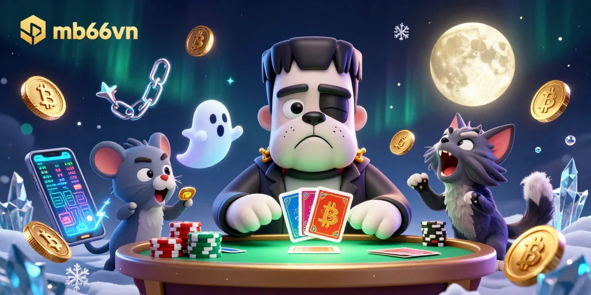 Engage with mb66vn's thrilling casino experience featuring a 3D bulldog dealer amidst glowing coins and captivating characters.