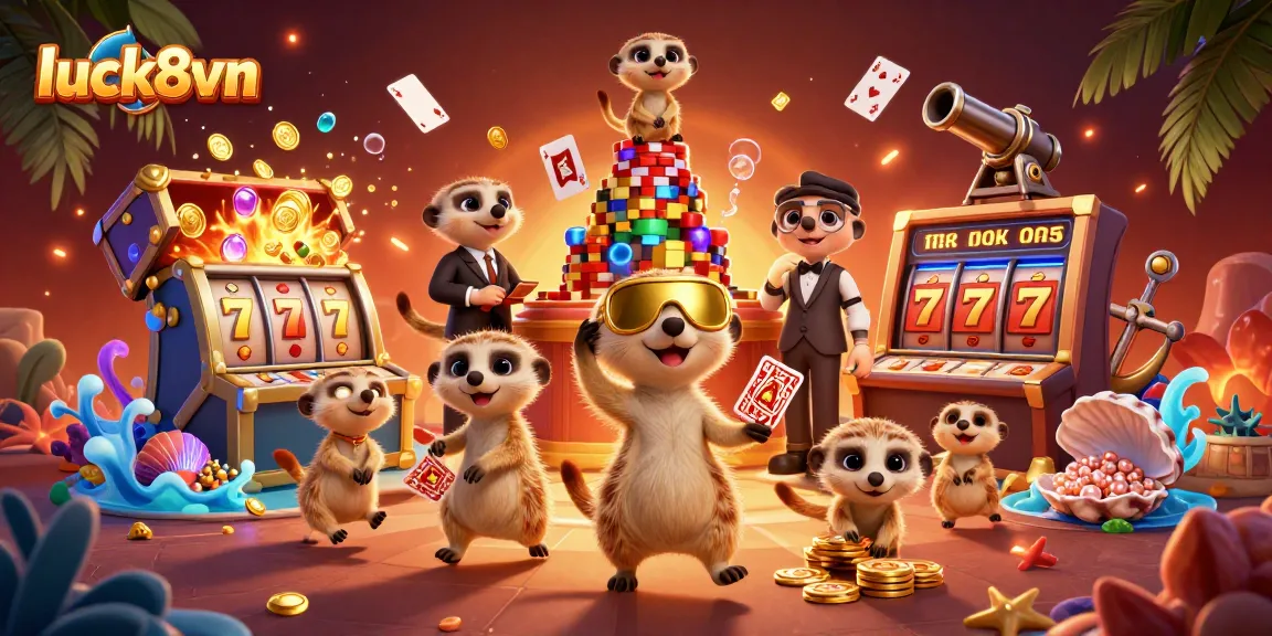 Immerse in the vibrant luck8vn casino scene with meerkats engaging in exciting gaming action.