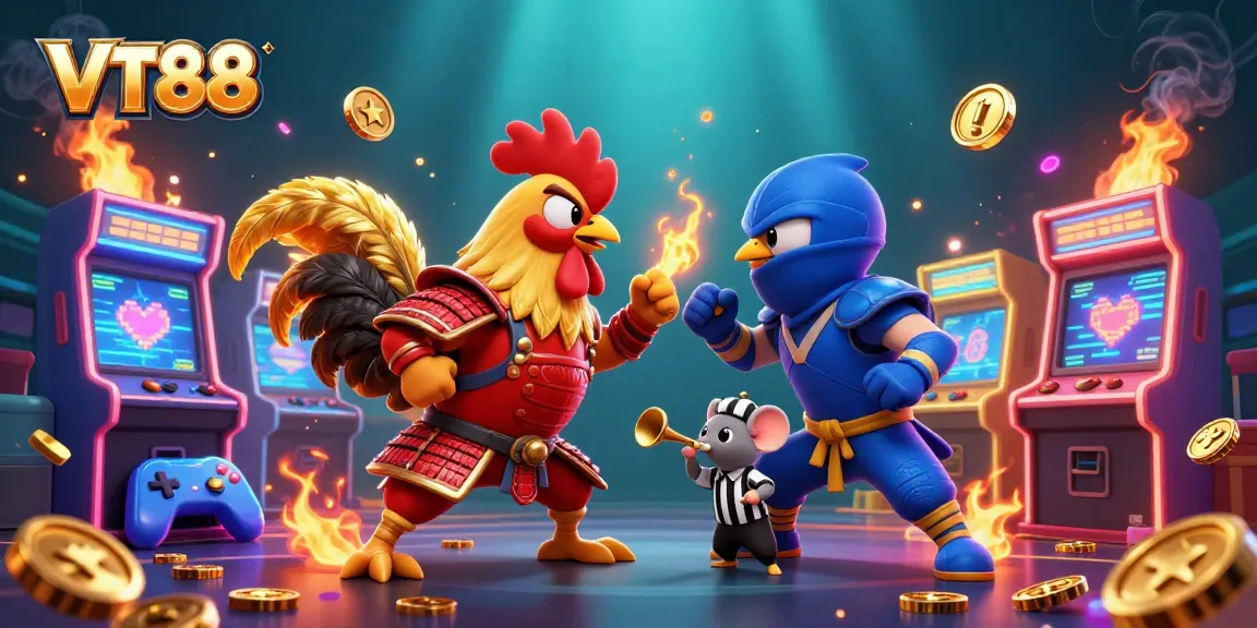 VT88 fighting roosters standoff amidst vibrant casino arcade elements and glowing coins.