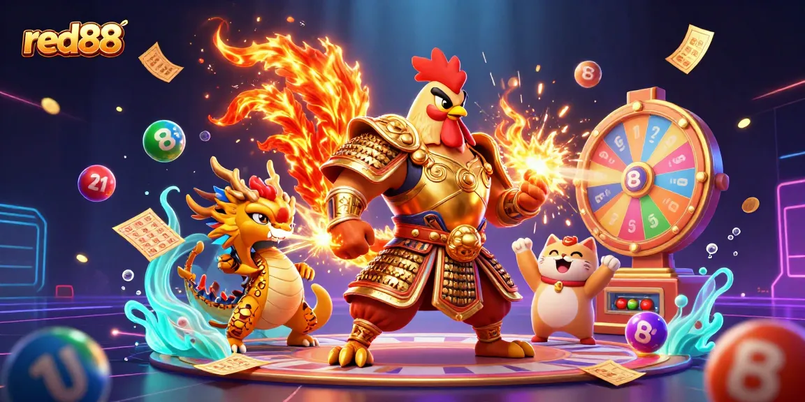 Experience red88 excitement with dynamic lottery and gaming elements in an engaging 3D scene.