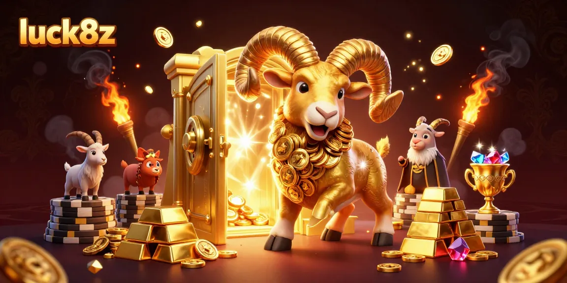 Engage with the luck8z online casino experience featuring a golden ram at a treasure vault filled with riches.
