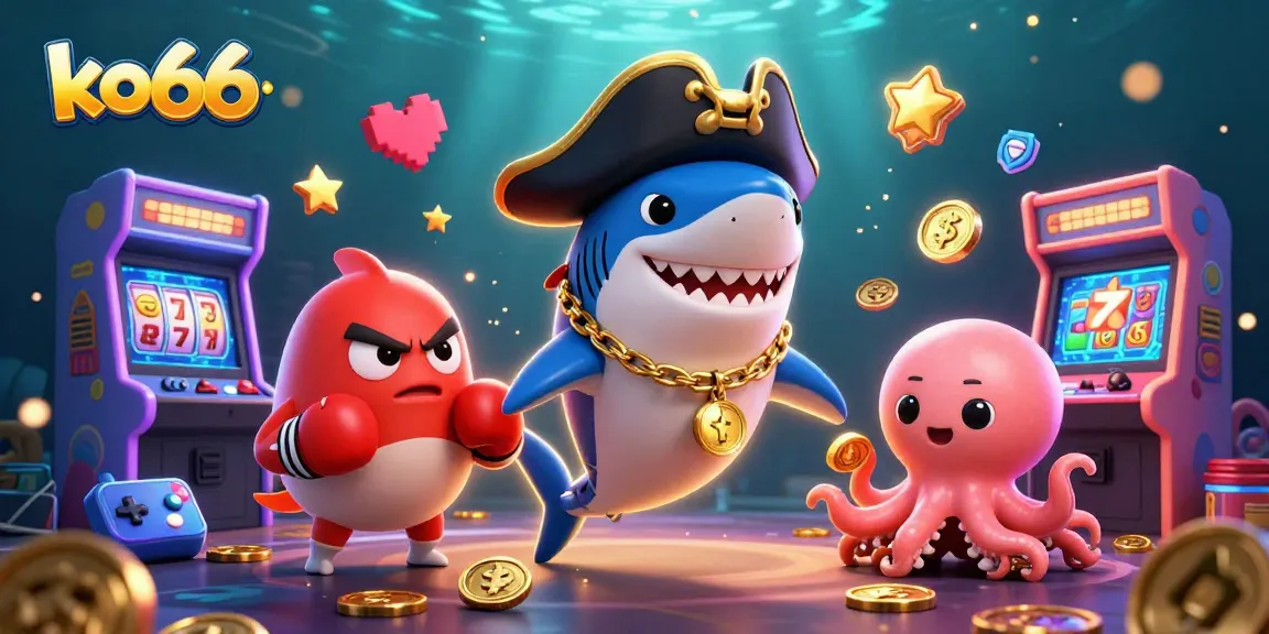 Feel the excitement at ko66 with a dynamic 3D casino scene featuring a cheerful pirate shark and cute octopus.